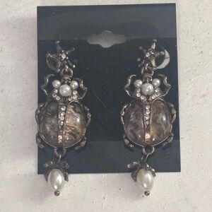 Elegant Pearl and Crystal Beetle Earrings